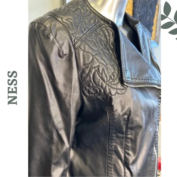 Ness Vegan Leather  Motorcycle Moto Jacket Lined Quilted Floral Black Size Small - Picture 6 of 7